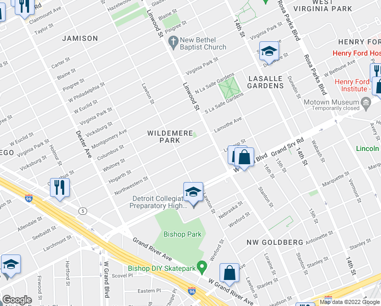 map of restaurants, bars, coffee shops, grocery stores, and more near 2706 Northwestern Street in Detroit