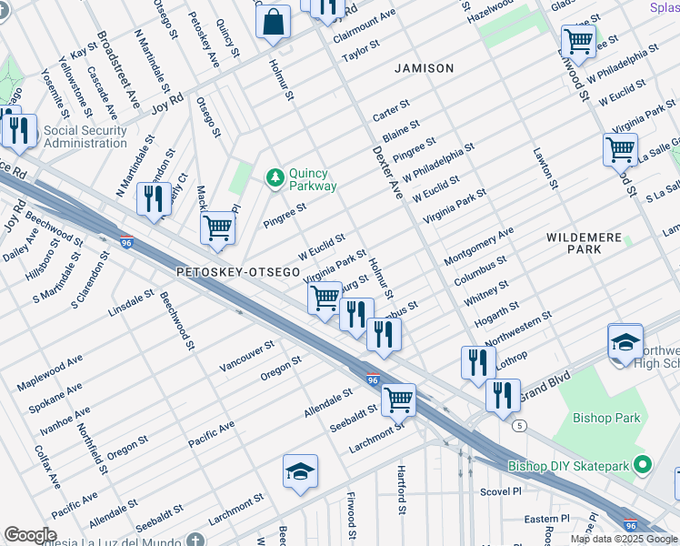 map of restaurants, bars, coffee shops, grocery stores, and more near 4087 Virginia Park Street in Detroit