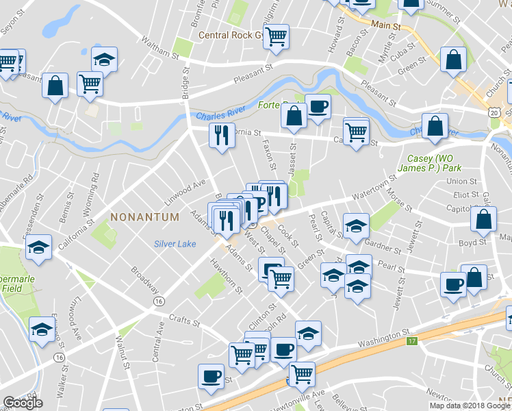 map of restaurants, bars, coffee shops, grocery stores, and more near 112 Chapel Street in Newton