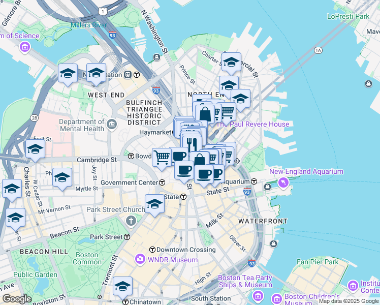 map of restaurants, bars, coffee shops, grocery stores, and more near 98 Blackstone Street in Boston