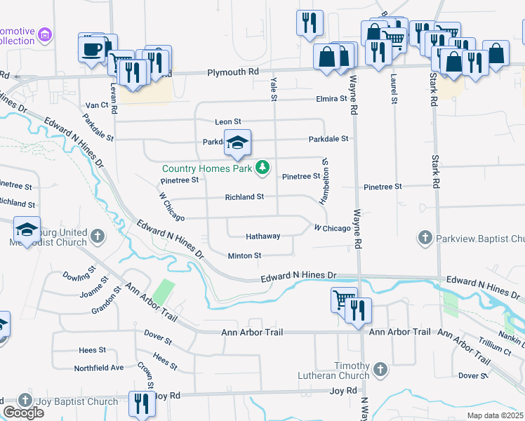 map of restaurants, bars, coffee shops, grocery stores, and more near 35452 West Chicago in Livonia