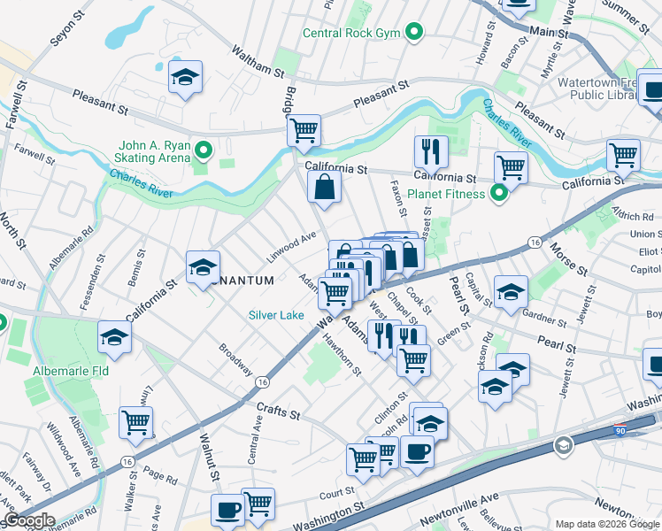 map of restaurants, bars, coffee shops, grocery stores, and more near 23 Chandler Street in Newton
