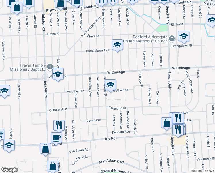 map of restaurants, bars, coffee shops, grocery stores, and more near 9318 Hemingway in Redford Charter Township