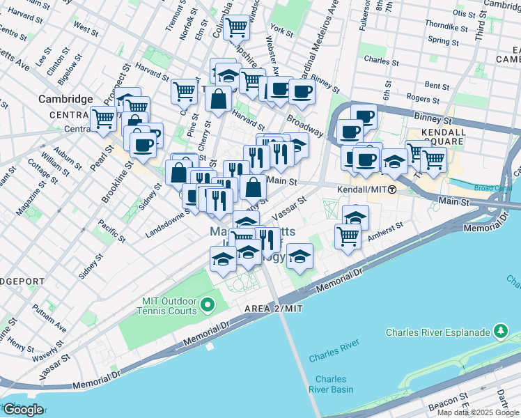map of restaurants, bars, coffee shops, grocery stores, and more near 50 Albany Street in Cambridge