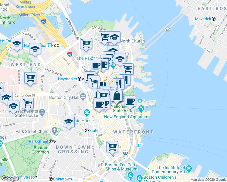 map of restaurants, bars, coffee shops, grocery stores, and more near 47 Fulton Street in Boston