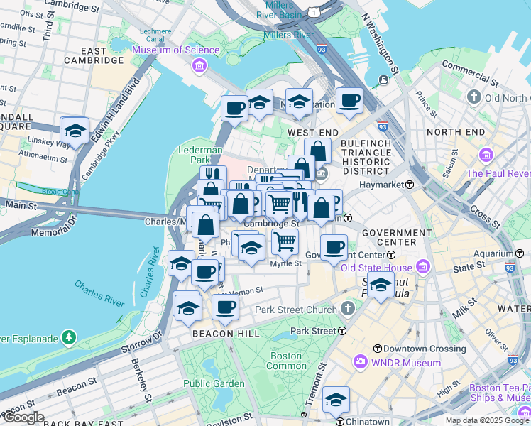 map of restaurants, bars, coffee shops, grocery stores, and more near 10-12 Blossom Street in Boston