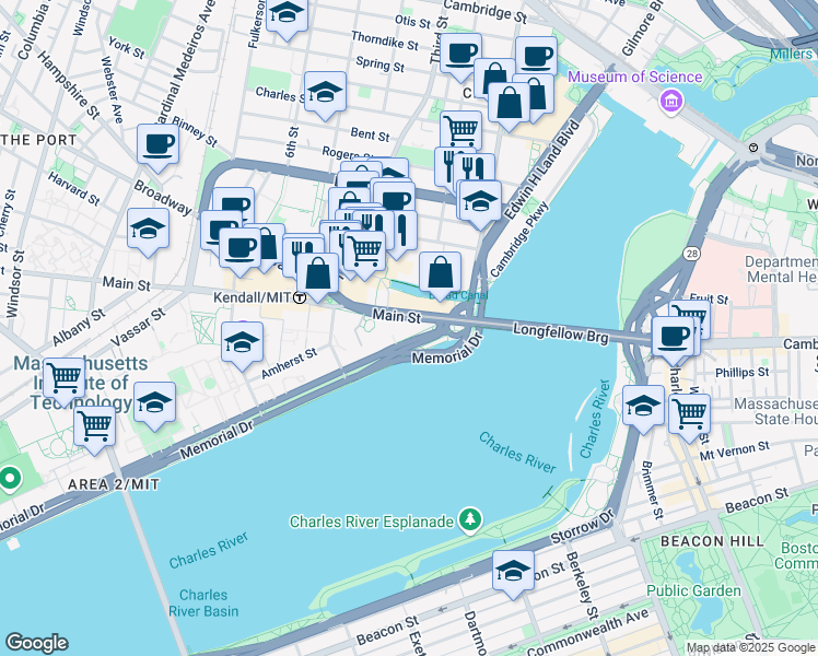 map of restaurants, bars, coffee shops, grocery stores, and more near 15 Memorial Drive in Cambridge