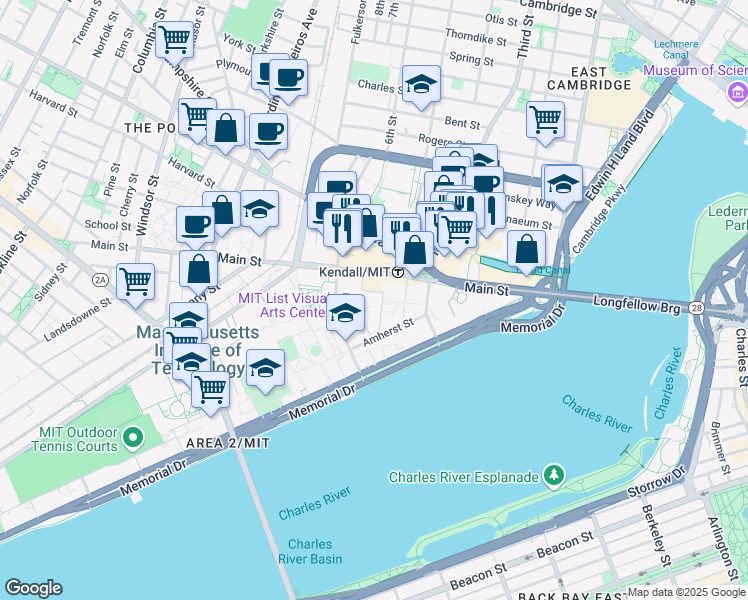 map of restaurants, bars, coffee shops, grocery stores, and more near 25 Carleton Street in Cambridge