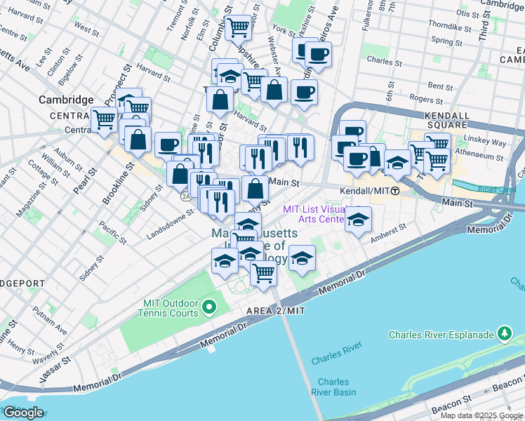 map of restaurants, bars, coffee shops, grocery stores, and more near 60 Albany Street in Cambridge
