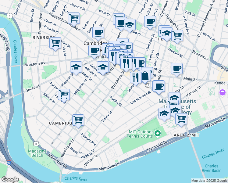 map of restaurants, bars, coffee shops, grocery stores, and more near 42 Pilgrim Street in Cambridge