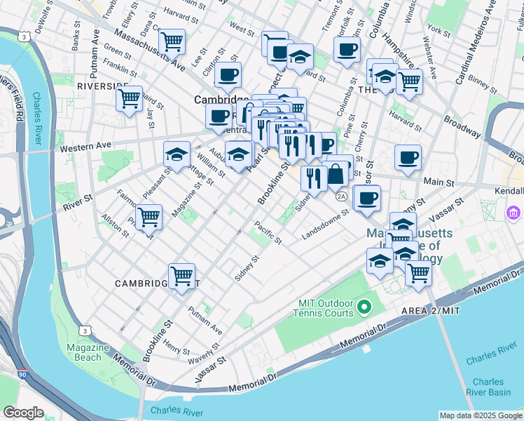 map of restaurants, bars, coffee shops, grocery stores, and more near 42 Pilgrim Street in Cambridge
