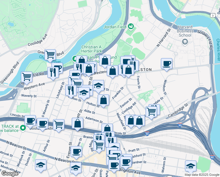 map of restaurants, bars, coffee shops, grocery stores, and more near 57 Riverdale Street in Boston