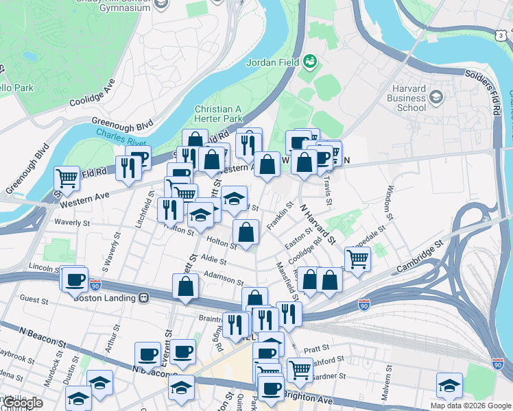 map of restaurants, bars, coffee shops, grocery stores, and more near 57 Riverdale Street in Boston