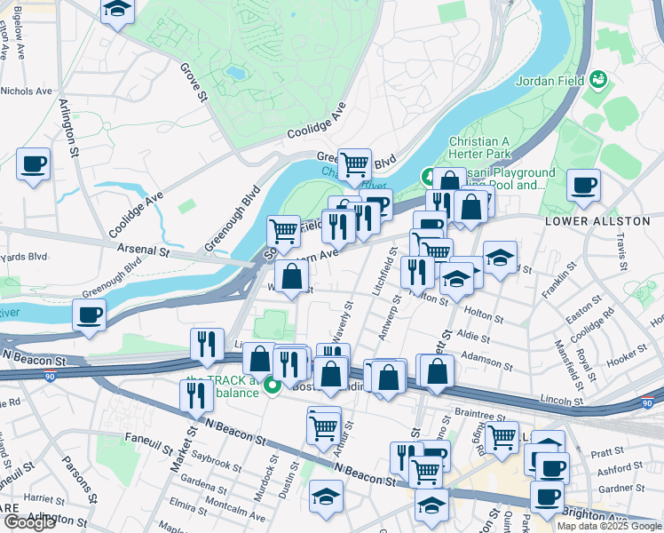 map of restaurants, bars, coffee shops, grocery stores, and more near 16 Abby Road in Boston