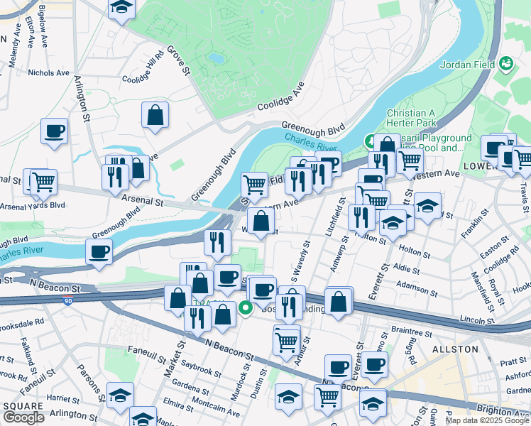 map of restaurants, bars, coffee shops, grocery stores, and more near 516-522 Western Avenue in Boston