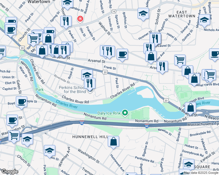 map of restaurants, bars, coffee shops, grocery stores, and more near 48 Pequossette Street in Watertown