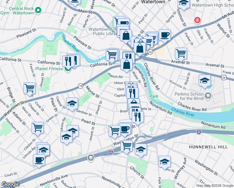 map of restaurants, bars, coffee shops, grocery stores, and more near 62 Capitol Street in Watertown