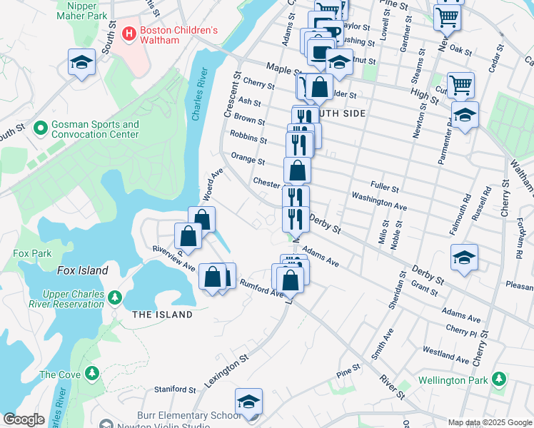 map of restaurants, bars, coffee shops, grocery stores, and more near 15 Norumbega Terrace in Waltham
