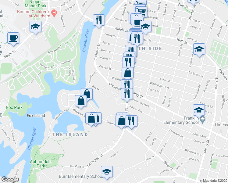 map of restaurants, bars, coffee shops, grocery stores, and more near 15 Norumbega Terrace in Waltham