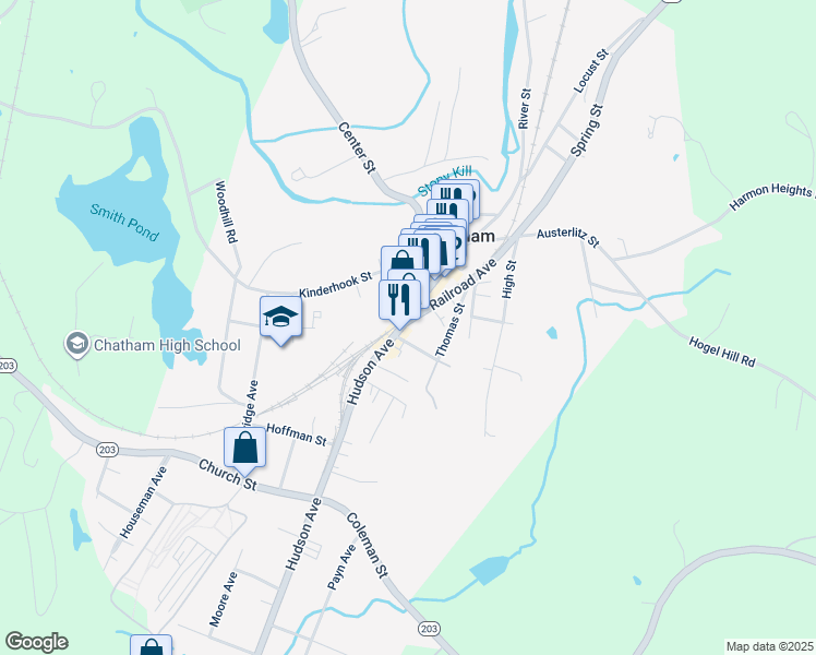 map of restaurants, bars, coffee shops, grocery stores, and more near 11 Hudson Avenue in Chatham