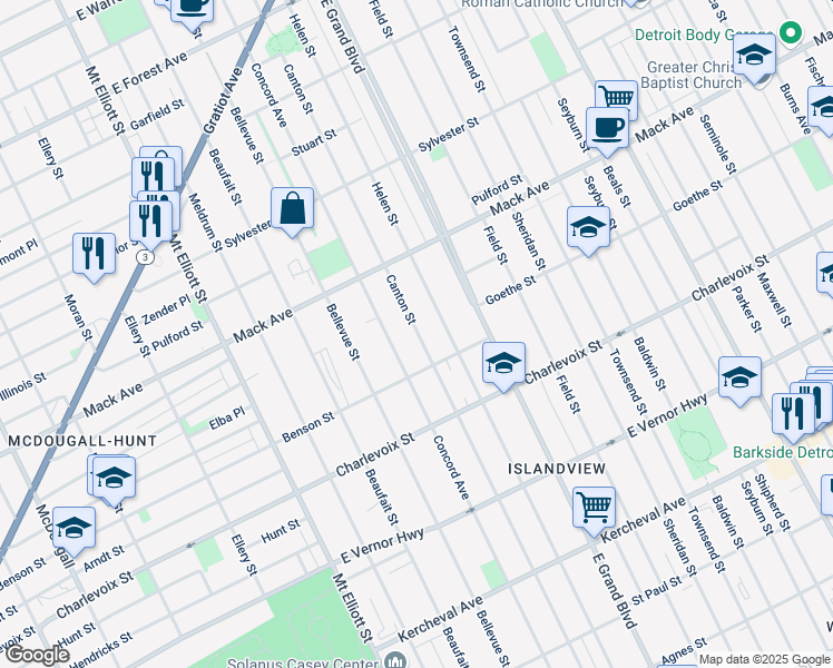 map of restaurants, bars, coffee shops, grocery stores, and more near 3177 Canton Street in Detroit