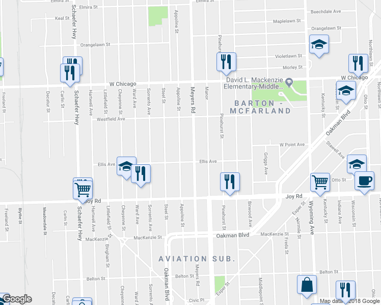 map of restaurants, bars, coffee shops, grocery stores, and more near 9130 Meyers Road in Detroit