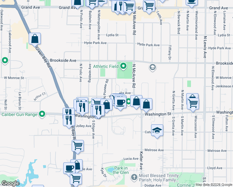 map of restaurants, bars, coffee shops, grocery stores, and more near 101 Washington Terrace in Waukegan