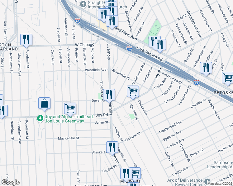 map of restaurants, bars, coffee shops, grocery stores, and more near 5630 Greenway Street in Detroit