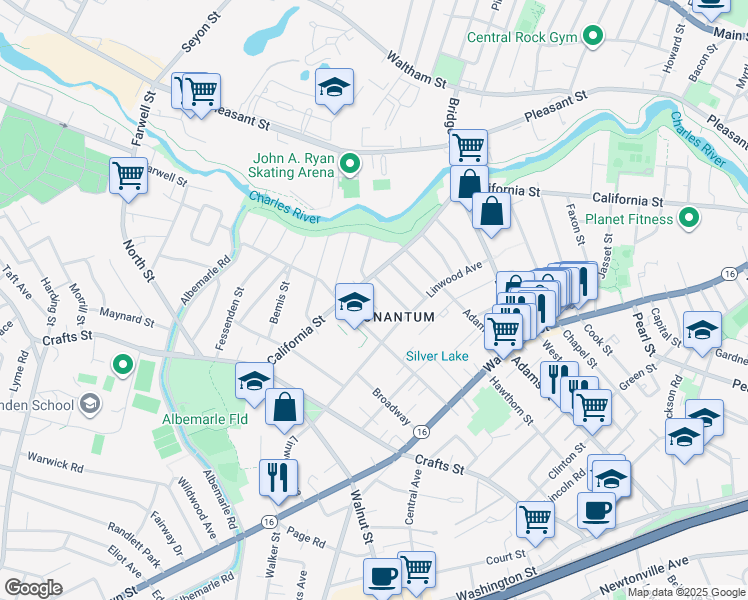 map of restaurants, bars, coffee shops, grocery stores, and more near 18 Lawn Avenue in Newton