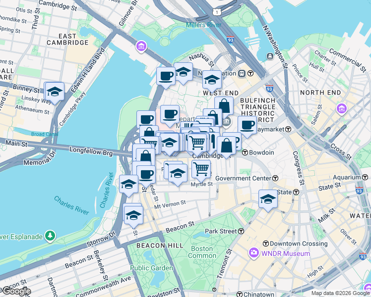 map of restaurants, bars, coffee shops, grocery stores, and more near 10-12 Blossom Street in Boston