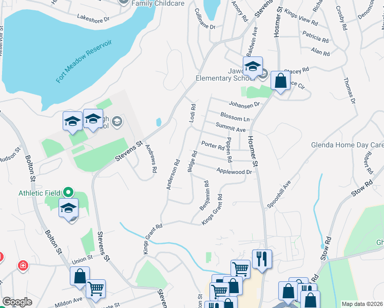 map of restaurants, bars, coffee shops, grocery stores, and more near 135 Anderson Road in Marlborough