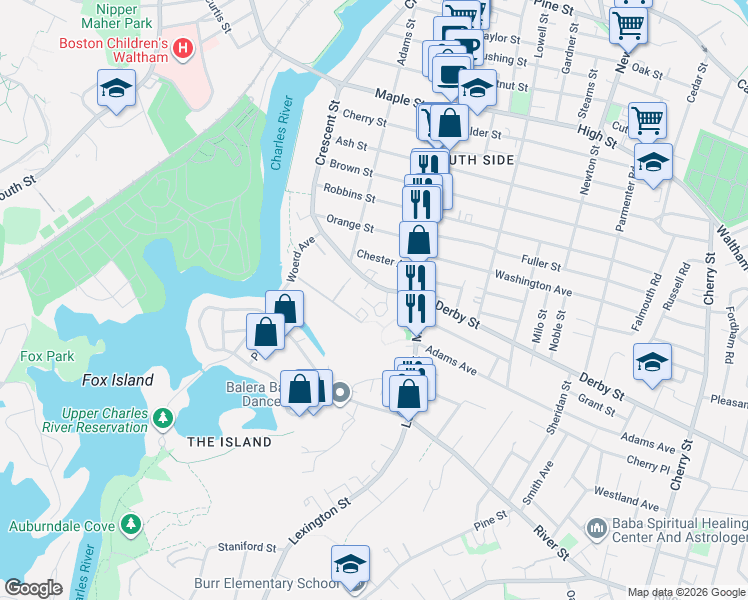 map of restaurants, bars, coffee shops, grocery stores, and more near 15 Norumbega Terrace in Waltham