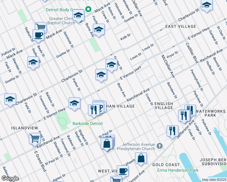 map of restaurants, bars, coffee shops, grocery stores, and more near 2212 Iroquois Avenue in Detroit