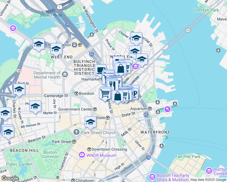 map of restaurants, bars, coffee shops, grocery stores, and more near 98 Blackstone Street in Boston
