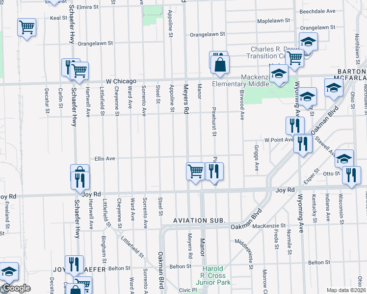 map of restaurants, bars, coffee shops, grocery stores, and more near 9130 Meyers Road in Detroit