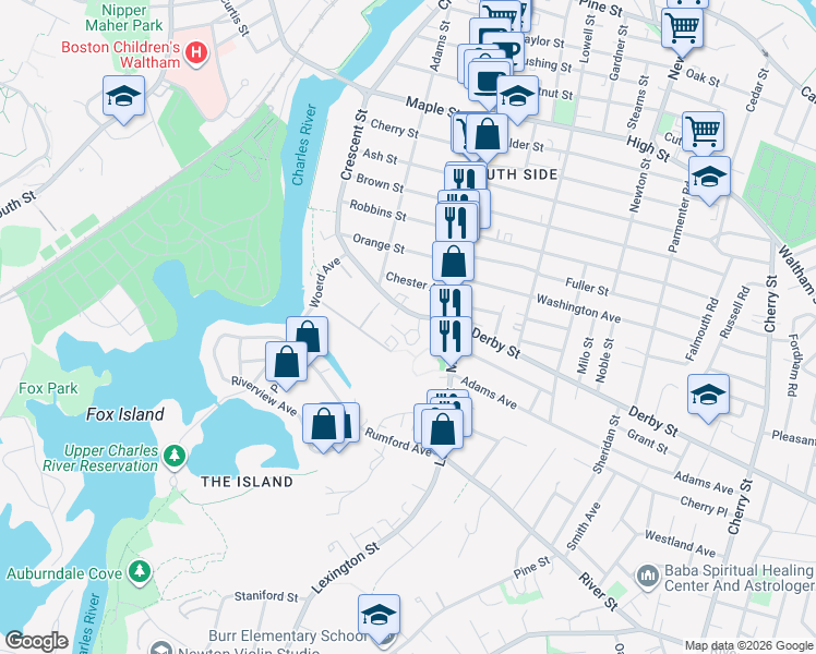 map of restaurants, bars, coffee shops, grocery stores, and more near 20 Norumbega Terrace in Waltham