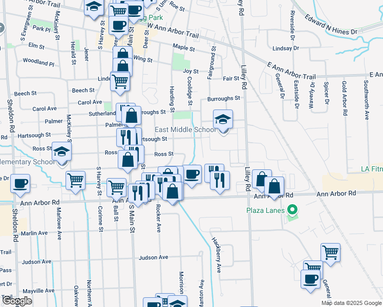 map of restaurants, bars, coffee shops, grocery stores, and more near 501 Byron St in Plymouth