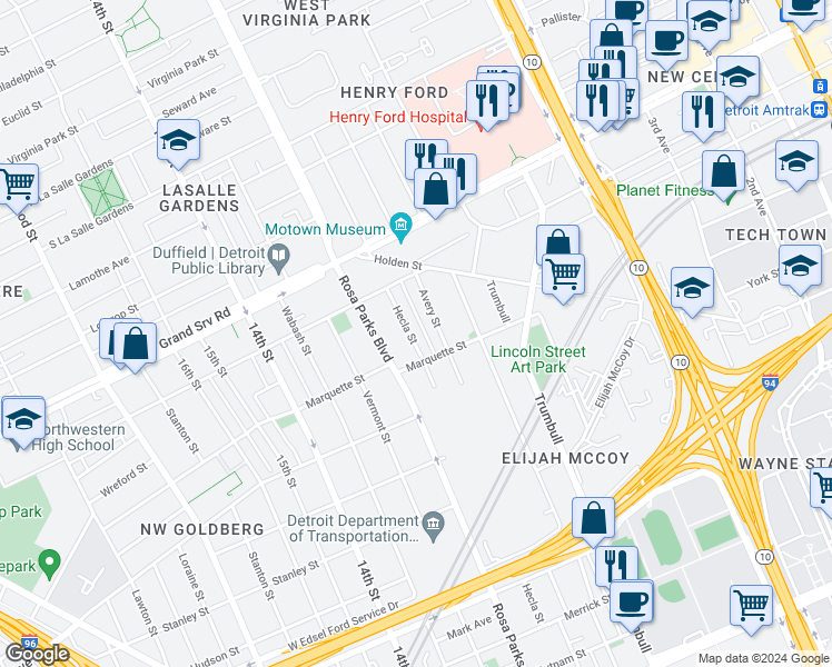 map of restaurants, bars, coffee shops, grocery stores, and more near 6150 Hecla Street in Detroit