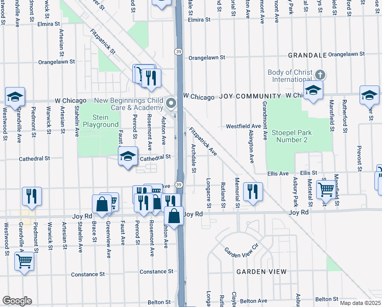 map of restaurants, bars, coffee shops, grocery stores, and more near 9201 Archdale Street in Detroit