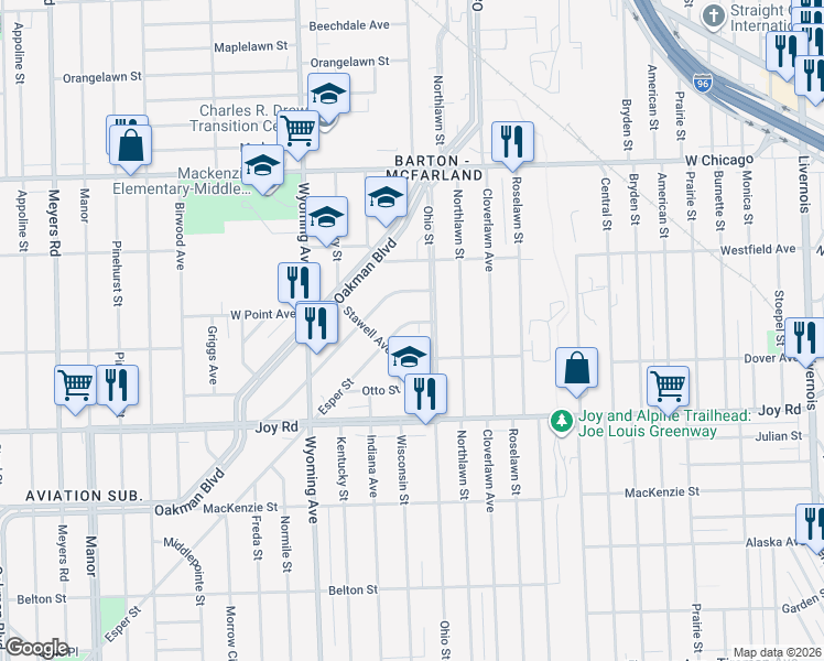map of restaurants, bars, coffee shops, grocery stores, and more near 9060 Esper Street in Detroit