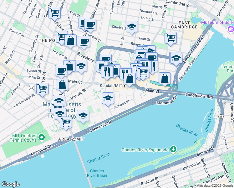 map of restaurants, bars, coffee shops, grocery stores, and more near 25 Carleton Street in Cambridge