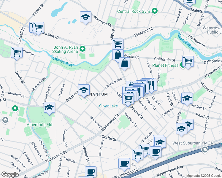 map of restaurants, bars, coffee shops, grocery stores, and more near 57 Adams Street in Newton