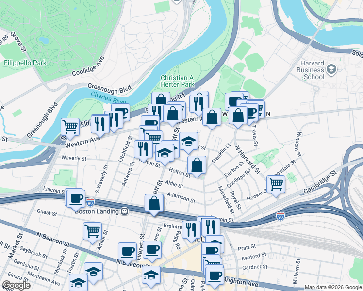 map of restaurants, bars, coffee shops, grocery stores, and more near 17 Raymond Street in Boston