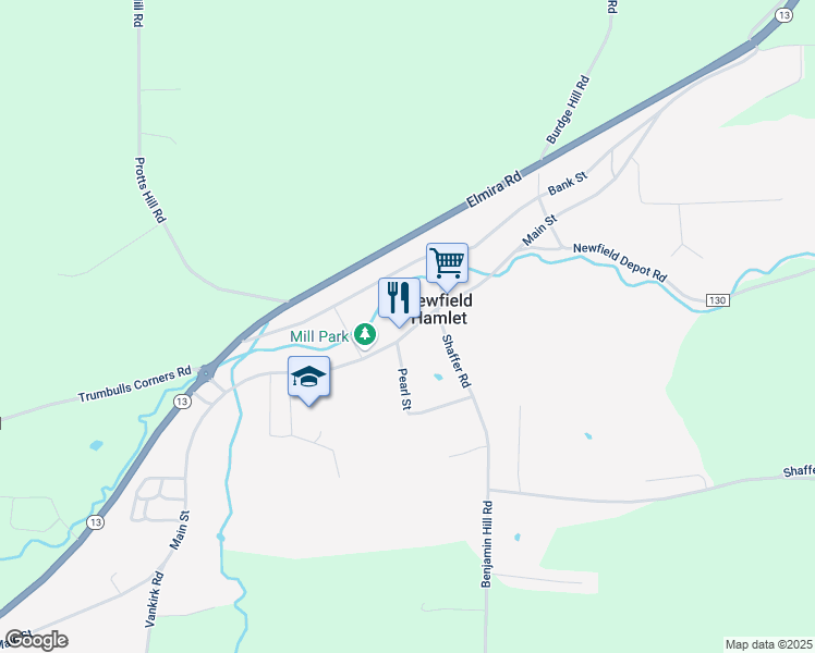 map of restaurants, bars, coffee shops, grocery stores, and more near 202 Main Street in Newfield Hamlet