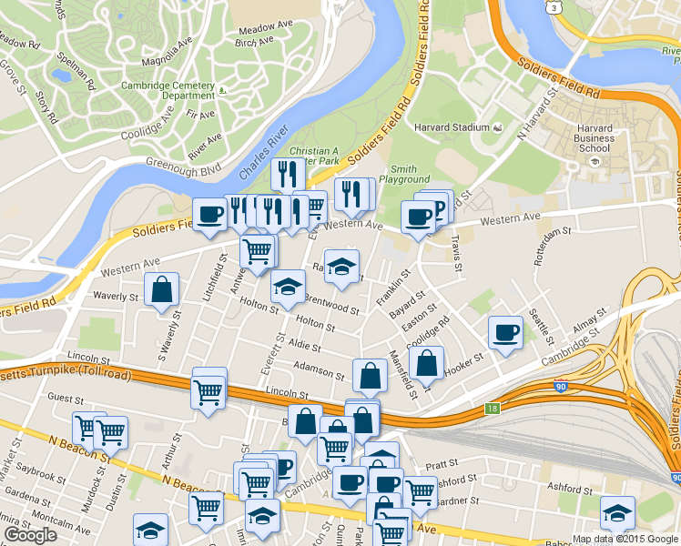 map of restaurants, bars, coffee shops, grocery stores, and more near Raymond Street & Athol Street in Boston