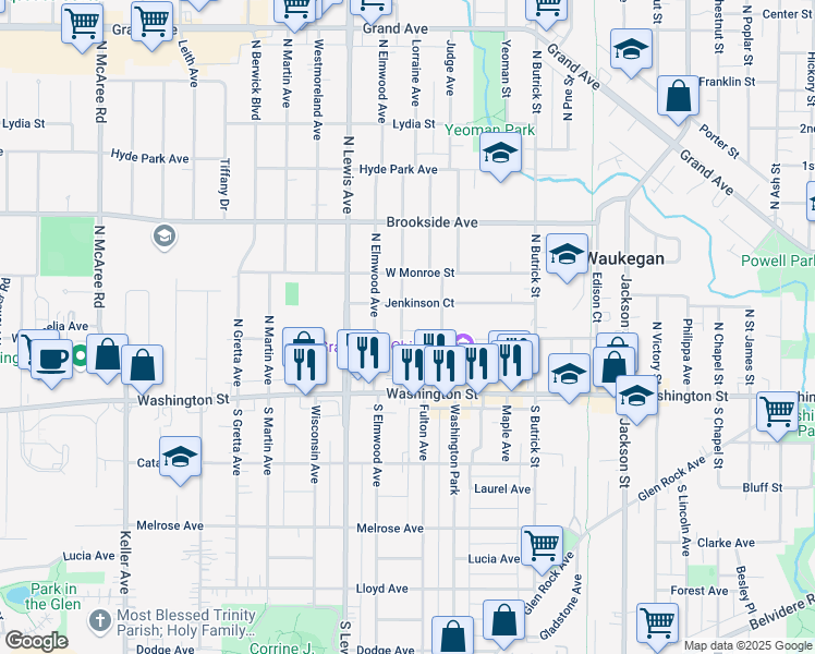 map of restaurants, bars, coffee shops, grocery stores, and more near 103 Burton Avenue in Waukegan