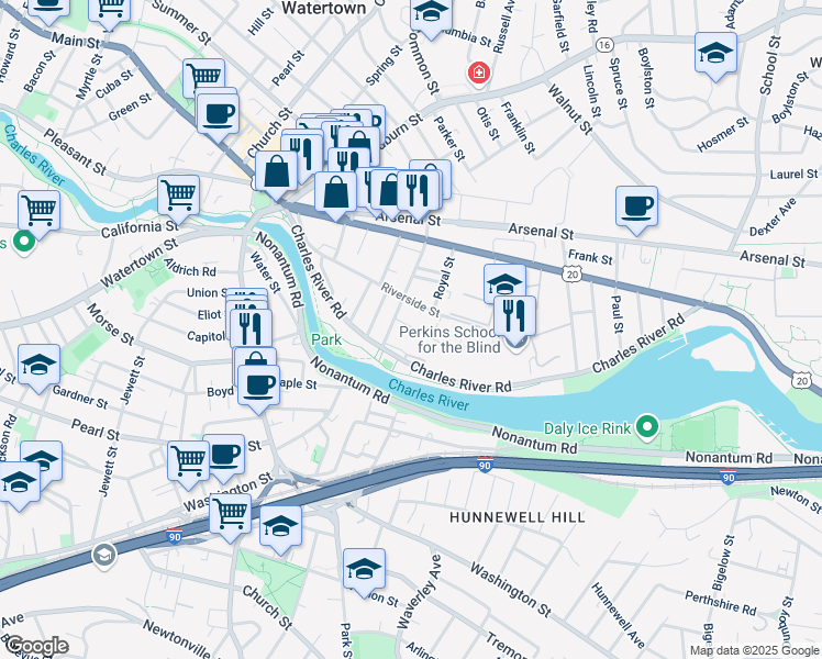 map of restaurants, bars, coffee shops, grocery stores, and more near 15 Fifield Street in Watertown