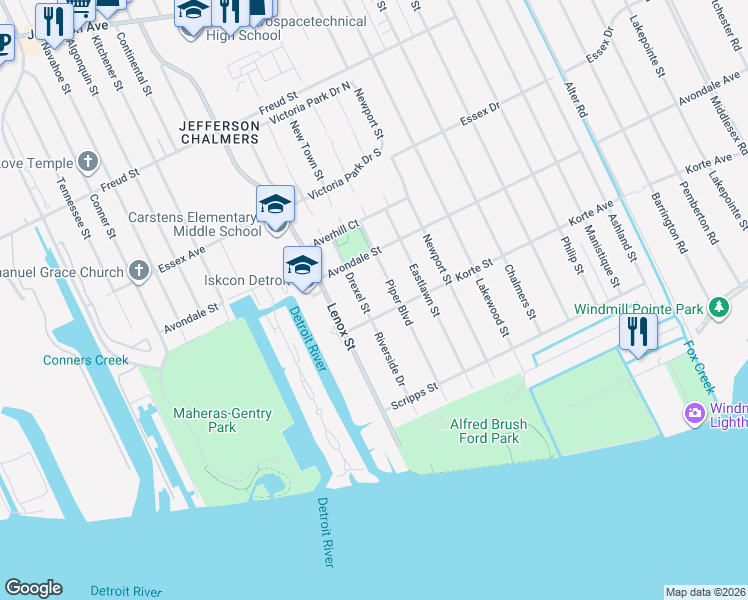 map of restaurants, bars, coffee shops, grocery stores, and more near 326 Drexel Street in Detroit