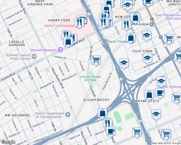 map of restaurants, bars, coffee shops, grocery stores, and more near 5900 Trumbull in Detroit