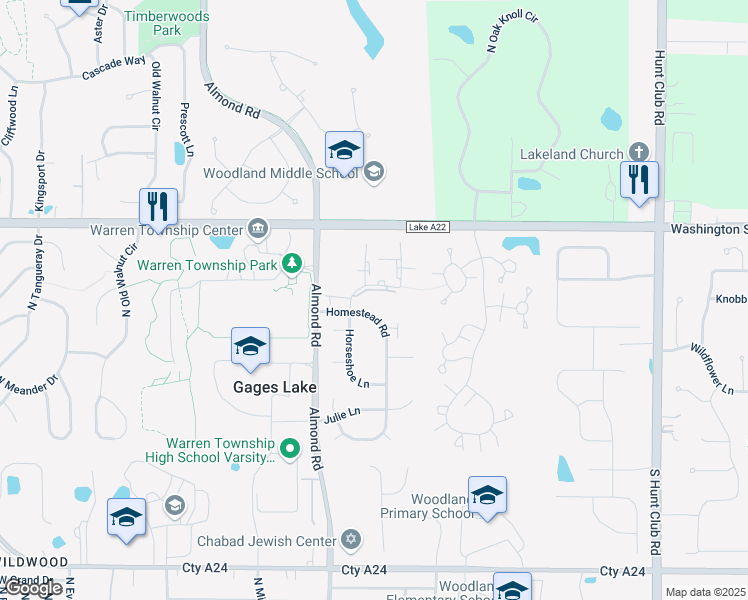 map of restaurants, bars, coffee shops, grocery stores, and more near 34317 Homestead Road in Gurnee